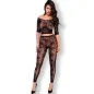 Preview: Woman in black lace ensemble with off-the-shoulder top and leggings, wearing black high heels.