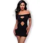 Preview: Frau in schwarzem, schulterfreiem Kleid mit Cut-Outs, posiert vor weißem Hintergrund.