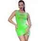 Preview: Person in a neon green dress with cut-outs, red lipstick and earrings, posing in front of a white background.