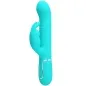Preview: Turquoise vibrator with clitoral stimulator in rabbit shape, side view.