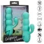 Preview: Türkises Massagegerät in Verpackung, mit Funktionen und Eigenschaften wie wasserdicht, USB-aufladbar und Silikonmaterial.