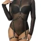 Preview: Person in schwarzem, durchsichtigem Body mit Leder-Harness und langen Ärmeln.