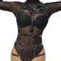Preview: Person in schwarzem, durchsichtigem Body mit Leder-Harness und Schnallen.