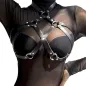Preview: Person trägt ein schwarzes, durchsichtiges Oberteil mit einem Leder-Harness darüber.