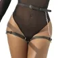Preview: Person in a black bodysuit with leather straps and chains around waist and thighs.