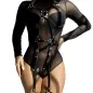 Preview: Person in schwarzem, transparentem Body mit Leder-Harness und Schnallen.