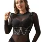 Preview: Woman in a black, transparent top with leather and chain details, wearing gold earrings.