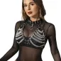 Preview: Woman in a black, transparent top with chains and studs, wearing large earrings.