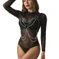 Preview: Frau in schwarzem, transparentem Body mit Ketten und Lederdetails, posiert vor weißem Hintergrund.