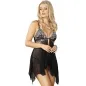 Preview: Frau in schwarzer, transparenter Spitze-Nachtwäsche mit Blumenmuster, schaut zur Seite.