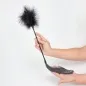Preview: Hand holding a black feather duster with fringes on a white background.