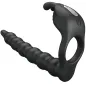 Preview: Black, ribbed sex toy with ergonomic handle and on/off button.