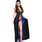 Preview: Woman in a black, transparent dress with lace and bow, wearing earrings and high heels.