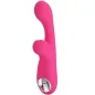 Preview: Pink vibrator with curved tip and clitoral stimulator, controls on the handle.
