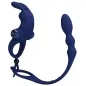 Preview: Blue, curved silicone toy with multiple rings and textured end, on a white background.