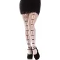 Preview: Woman in a black skirt and white tights with a black pattern and bows, wearing black shoes.