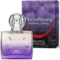 Preview: Parfümflasche und Verpackung von PheroStrong für Männer, lila Design mit roten und blauen Akzenten.