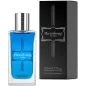 Preview: Parfümflasche PheroStrong For Men, blau, 50 ml, neben schwarzer Verpackung mit weißem Logo und Text.