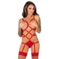 Preview: Woman in red lingerie with garter belt and fishnet stockings, tattooed arms, holds her hands in front of her chest.