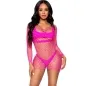 Preview: Woman in a pink mesh dress with long sleeves and bikini underneath, posing in front of a white background.