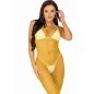 Preview: Frau in gelbem Netzkleid über weißem Bikini, mit langen Haaren und Ohrringen.