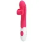 Preview: Rosa Vibrator mit weißem Griff und zwei Knöpfen, gebogene Spitze mit flexiblem Aufsatz.