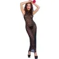 Preview: Woman in a black, see-through lace dress with red lips and black high heels.