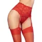 Preview: Person is wearing red lace stockings with a garter belt.