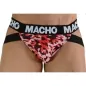 Preview: Mann trägt roten Camouflage-Jockstrap mit schwarzem Bund, auf dem "MACHO" steht.