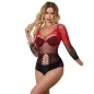 Preview: Woman in red and black mesh bodysuit with long sleeves, posing in front of a white background.