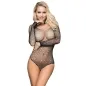 Preview: Woman in a black mesh bodysuit with long sleeves, posing in front of a white background.