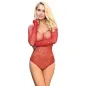 Preview: Woman in a red mesh bodysuit with long sleeves, posing in front of a white background.