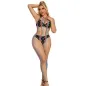 Preview: Frau in buntem, durchbrochenem Catsuit mit schwarzem Bikini darunter, posiert mit einer Hand am Kopf.