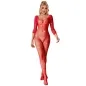 Preview: Person in a red, glittery mesh bodysuit with long sleeves against a white background.