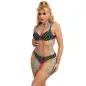 Preview: Woman in a black bikini and colorful mesh dress, smiling, with blonde hair and gold earrings.