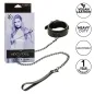 Preview: Packaging and product image of an adjustable collar with leash made of vegan leather, including warranty information.