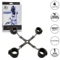 Preview: Black vegan leather hand and foot restraints, adjustable, with packaging and product features in the background.