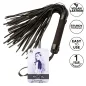 Preview: Black flogger with vegan leather, sturdy handle, easy to use, 1-year warranty. Packaging with model image.