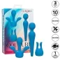 Preview: Blue massager set with three attachments; packaging shows product details such as silicone material and 10 speeds.