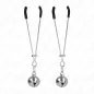 Preview: Two silver nipple clamps with black handles and small bells at the ends.