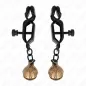 Preview: Two black clamps with screw closures and golden bell pendants.