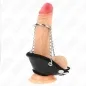 Preview: Toy dildo with chains and black leather strap, standing upright against a white background.