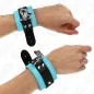 Preview: Two hands with blue and black leather restraints, connected by a metal hook.