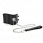 Preview: Black leather collar with metal chain and handle, on a white background.