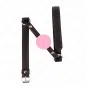 Preview: Schwarzes Lederhalsband mit roter Naht und rosa Ball in der Mitte.