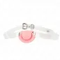 Preview: Pink pacifier with transparent strap and metal buckle on a white background.