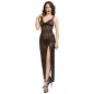 Preview: Frau in schwarzem, transparentem Kleid mit hohem Schlitz und Spitzen-Details, trägt High Heels.