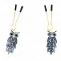 Preview: Two owl earrings with blue crystals and gold details, on gold hooks with black ends.