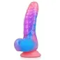 Preview: Bunter Dildo mit Saugnapf, in Rosa, Lila und Blau, mit gerippter Struktur.
