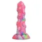 Preview: Bunter, strukturierter Silikon-Dildo mit Noppen und wellenförmiger Basis.
